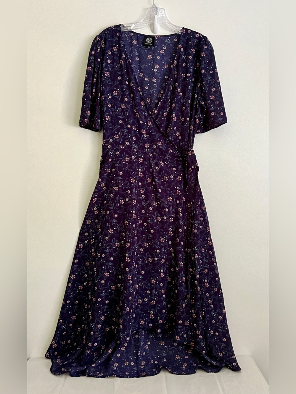 Bobeau Blue Floral Wrap Maxi Dress L High Low Hem Short Sleeve Cottagecore Boho